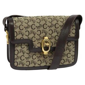 CELINE C Sulky Shoulder Bag Canvas Beige Brown gold Auth 123103
